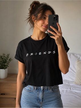 FRIENDS Black Cropped Logo Tee with Multi-Color Dots